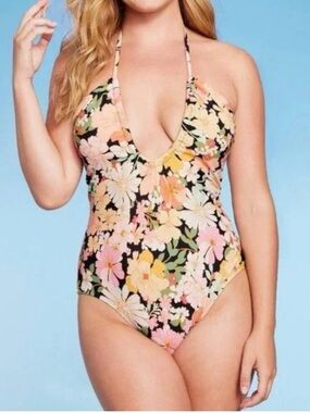 Shade & Shore Floral Halter One-Piece Swimsuit in Black, Pink, Yellow